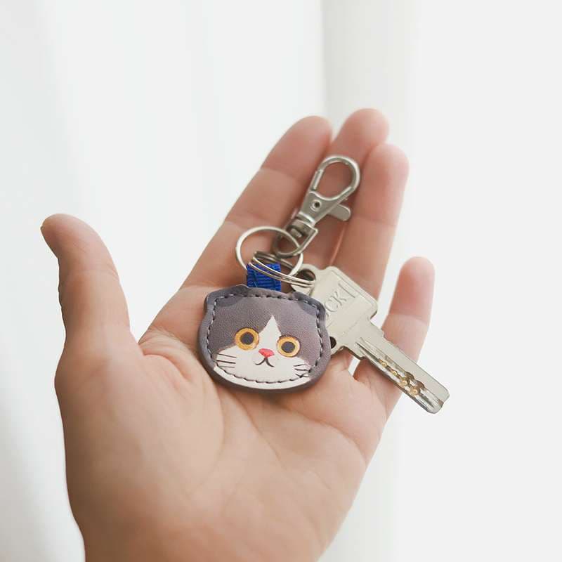 キーリング・キーケース 猫顔のにゃんこ革キーホルダー