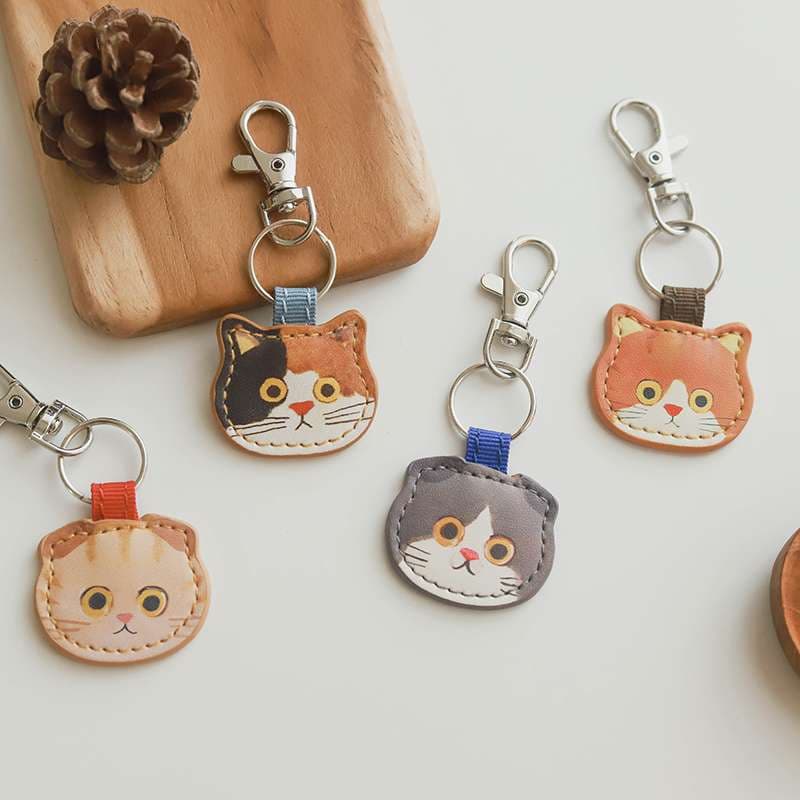 キーリング・キーケース 猫顔のにゃんこ革キーホルダー